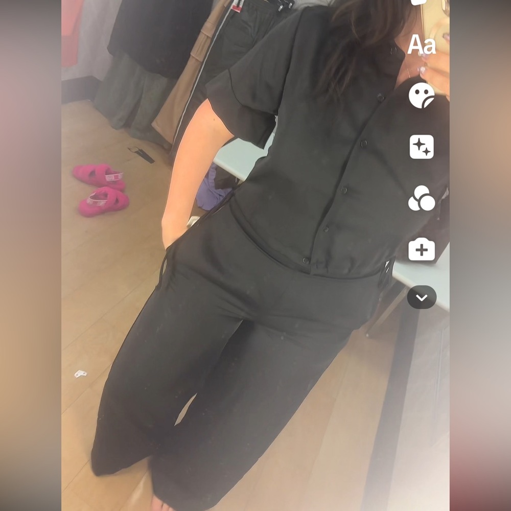House of Harlow black set silk satin pants and button up top